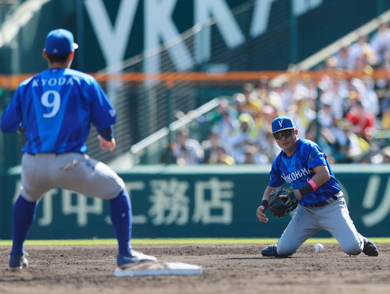 阪神対DeNA 5回裏阪神無死一、二塁、林琢真は小幡竜平の二ゴロを捕球もグラブから球がこぼれる（撮影・上山淳一）