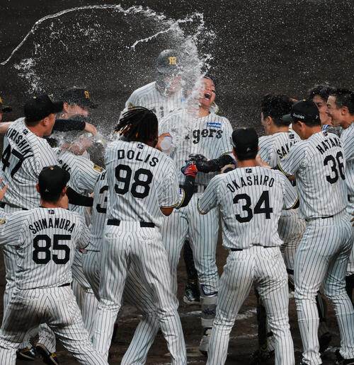 セ・リーグ11回戦　阪神対中日　9回裏阪神無死、森下翔太はサヨナラ本塁打を放ち仲間からウオーターシャワーの祝福を受ける（撮影・上山淳一）