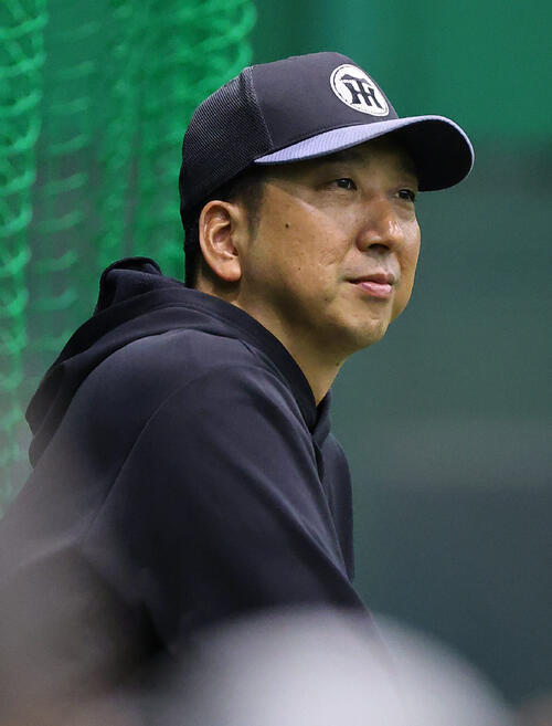 阪神対西武　穏やかな表情で練習を見守る藤川球児監督（撮影・上田博志）