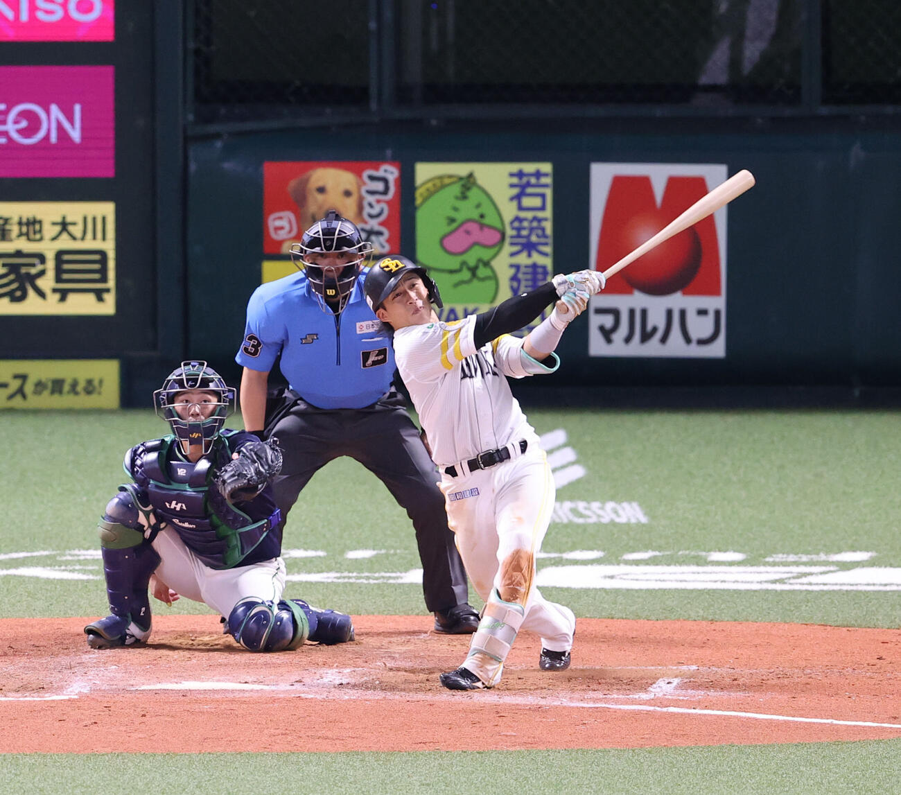ソフトバンク対ヤクルト　7回裏ソフトバンク1死一塁、野村勇は左越えに2点本塁打を放つ（撮影・梅根麻紀）