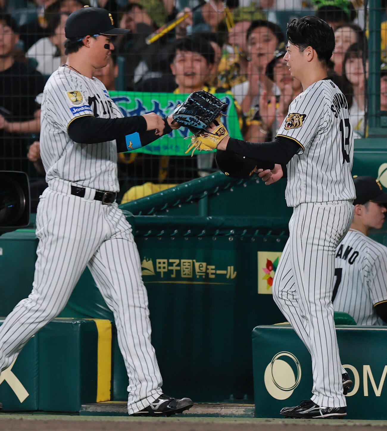 阪神対中日　5回を投げ終えた下村海翔（右）はベンチ前で森下翔太とタッチをかわす（撮影・上山淳一）