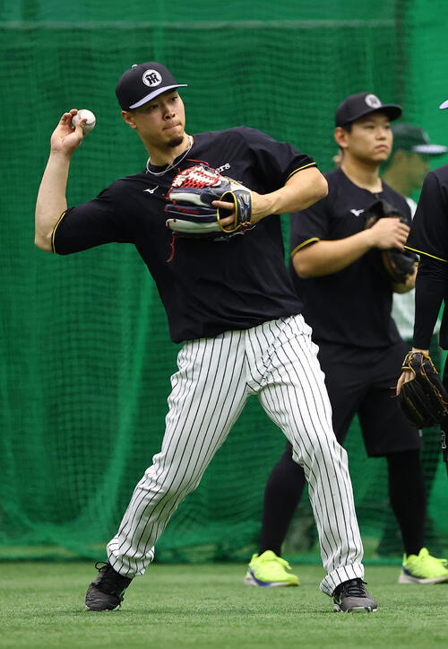 阪神対広島　ノックを受ける佐藤輝明（撮影・上田博志）