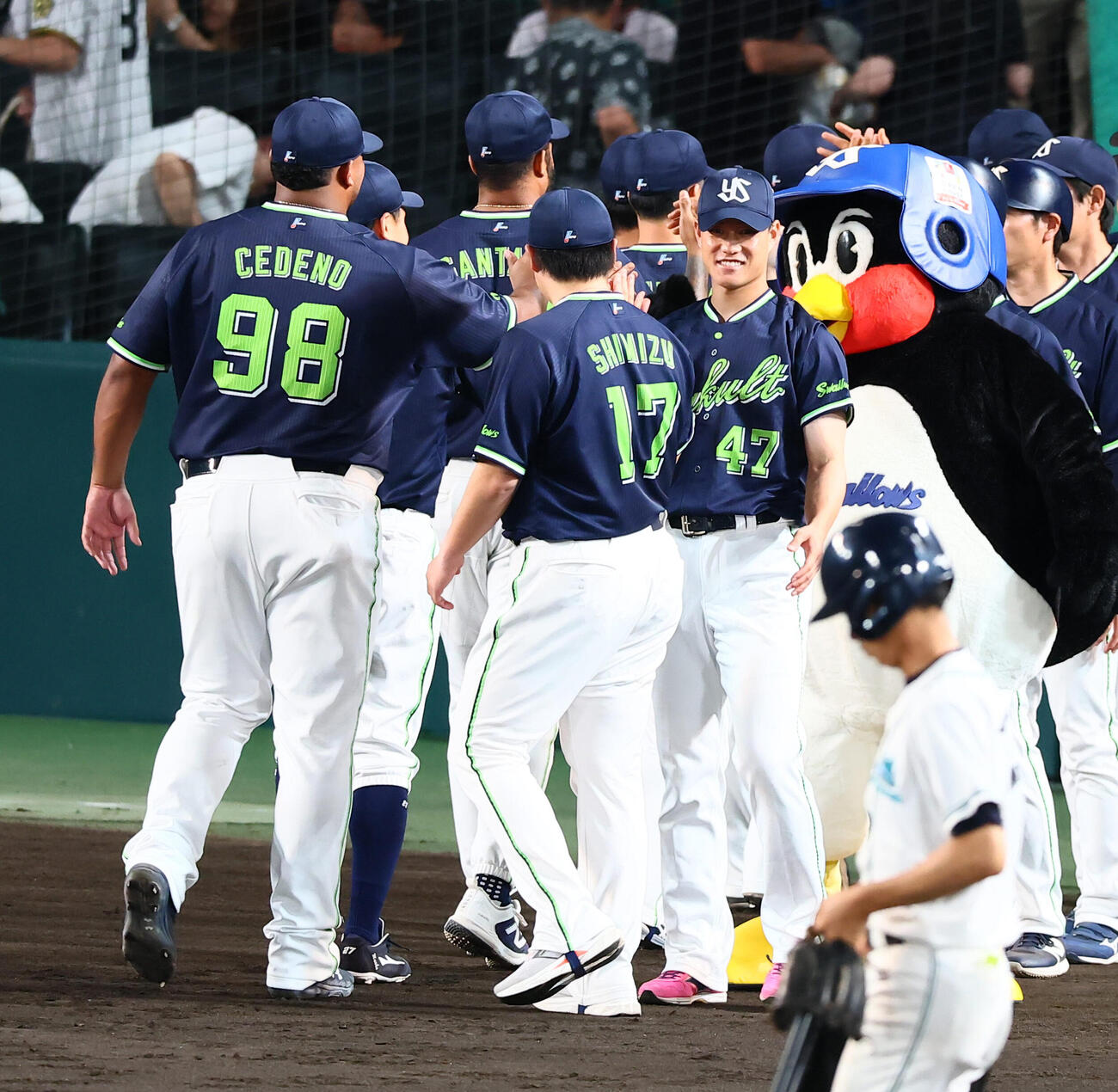 阪神対ヤクルト　阪神に勝利しナインを笑顔で迎えるヤクルト高橋奎二（撮影・加藤哉）