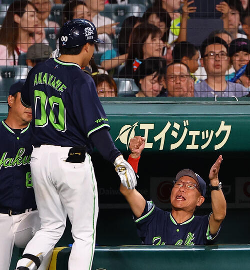 阪神対ヤクルト　6回表ヤクルト2死、赤羽由紘（左）の勝ち越しソロ本塁打で喜ぶ池山隆寛監督（撮影・上田博志）