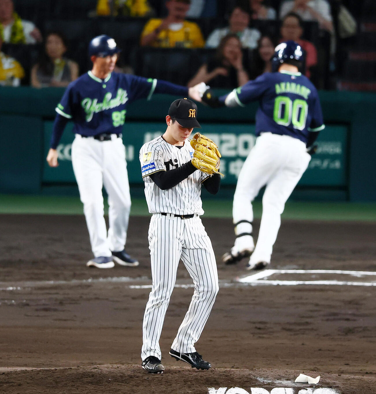 阪神対ヤクルト　6回表ヤクルト2死、下村海翔は赤羽由紘に左越え勝ち越しソロ本塁打を浴びる（撮影・加藤哉）