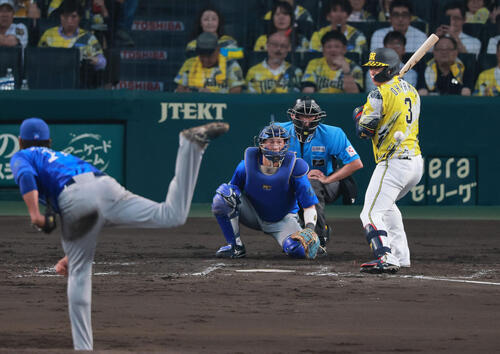 阪神対DeNA 3回裏阪神2死、大山悠輔は死球を受ける。投手藤浪晋太郎（撮影・上山淳一）