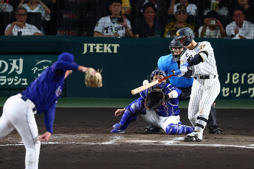 阪神対中日　7回裏阪神2死二、三塁、坂本誠志郎は左飛を打ち上げる。投手カイル・マラー（撮影・加藤哉）