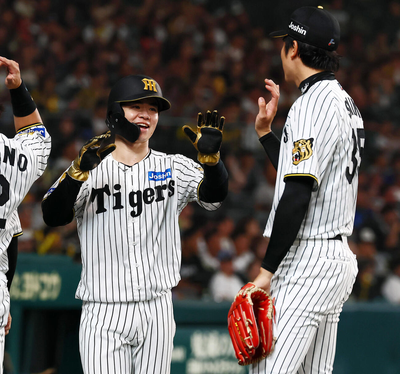 阪神対DeNA 3回裏阪神2死満塁、三走中野拓夢は元山飛優の一塁への2点適時内野安打で生還しベンチのナインとタッチする（撮影・加藤哉）