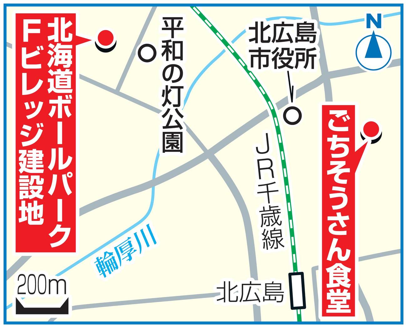 ボールパーク「Fビレッジ」とごちそう食堂の位置