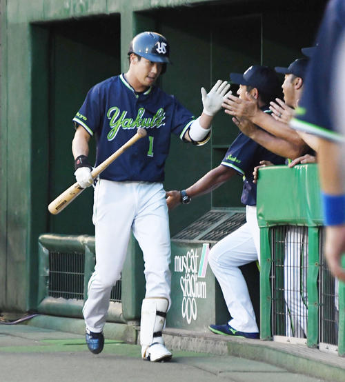 巨人対ヤクルト　３回表ヤクルト２死一塁、山田哲は中越え２点本塁打を放ち、ベンチでナインとタッチを交わす（撮影・奥田泰也）