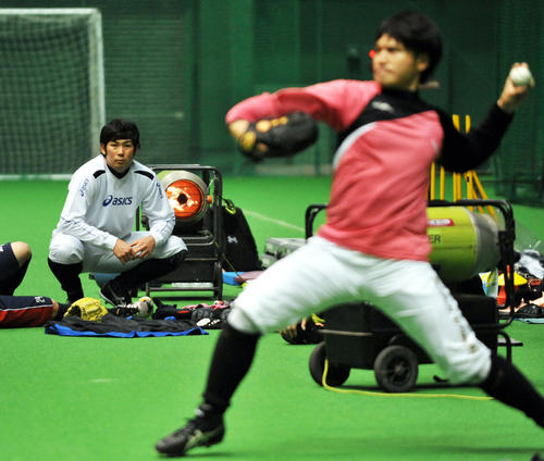 キャッチボールする巨人杉内のフォームを見つめる阪神岩田(2012年1月10日撮影)