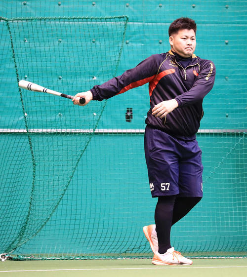 自主トレを行うヤクルト山田哲らにノックする元ヤクルトの松井氏(2019年1月11日撮影)