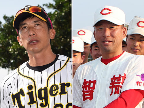 阪神矢野監督(左)と智弁和歌山・中谷監督