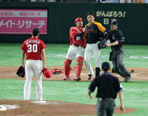 巨人対広島　7回裏、代打中島は頭部死球を受け激怒しマウンドに向かう。投手一岡（2019年5月24日）