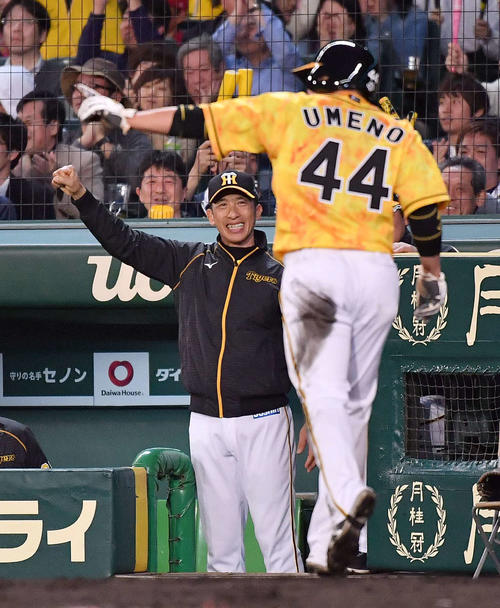 生還した梅野にガッツポーズする矢野監督（2019年4月30日撮影）