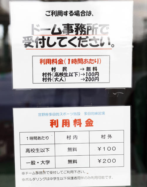 阪神の春季キャンプ地、かりゆしホテルズボールパーク宜野座のブルペンに設置されているバスケットボールのコートとボルダリング施設の利用料金(撮影・前田充)