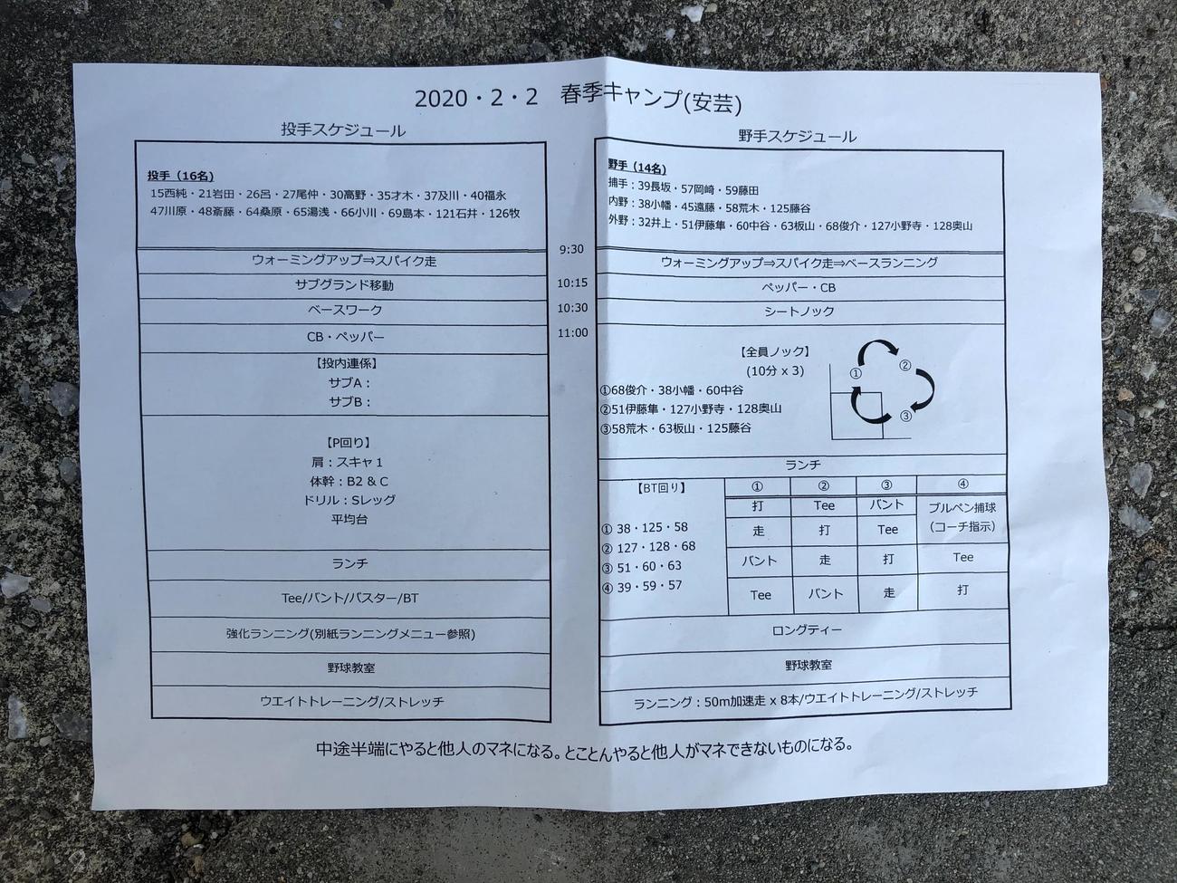 阪神2軍キャンプの2月2日の練習メニュー。一番下には格言が書かれている（撮影・磯綾乃）