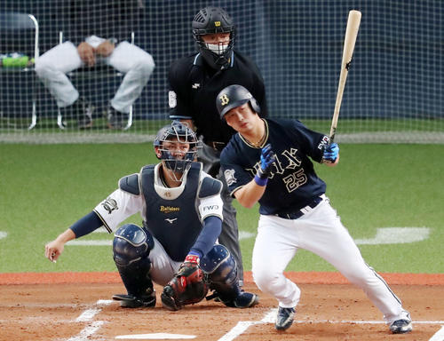 2回表紅組無死、西村は西村監督（後方左）が見守る前で左前打を放つ（撮影・加藤哉）