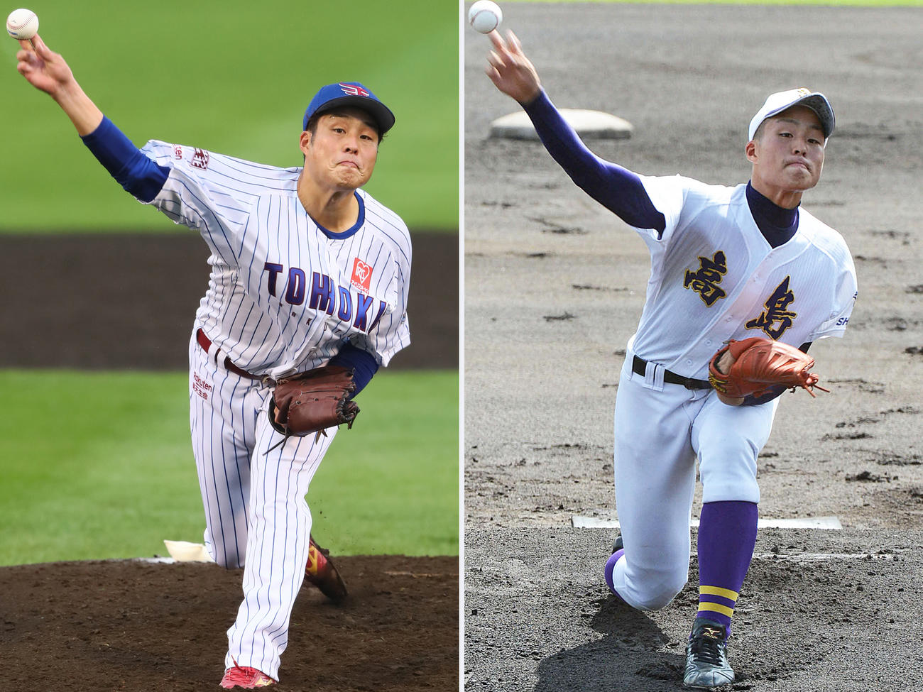 プロ初勝利を挙げた楽天滝中（左）。右は高校時代のフォーム