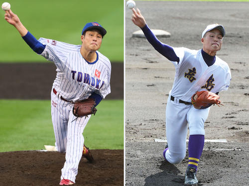 プロ初勝利を挙げた楽天滝中（左）。右は高校時代のフォーム