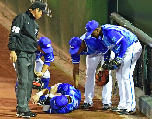 16年10月14日、広島新井の邪飛を捕球後、フェンスに激突し、うずくまる梶谷