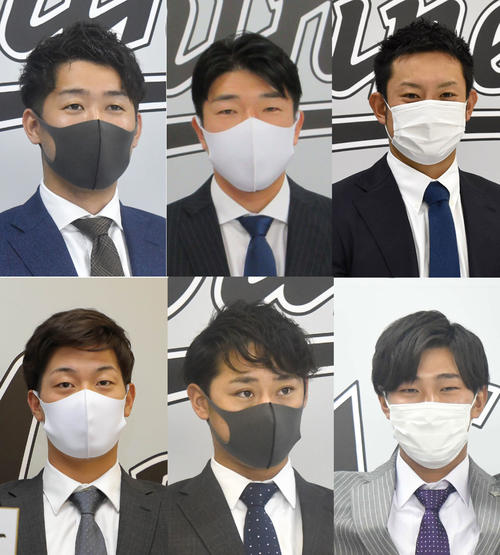 契約更改をしたロッテ選手たち。左上から時計回りで種市、田中靖、吉田、本前、平沢、福田光