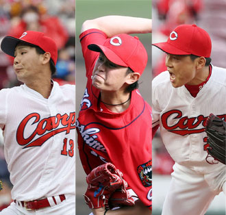 広島新人トリオ　左から森浦大輔、大道温貴、栗林良吏