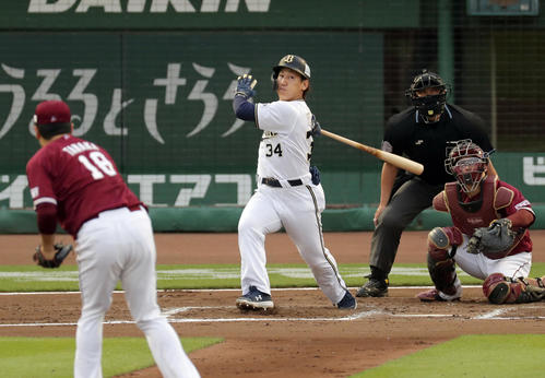 オリックス対楽天　6回裏オリックス1死一、二塁、吉田正は左越え逆転3点本塁打を放つ。投手は田中将（撮影・前田充）