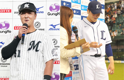 ロッテ山口航輝（左）、西武時代の小石博孝
