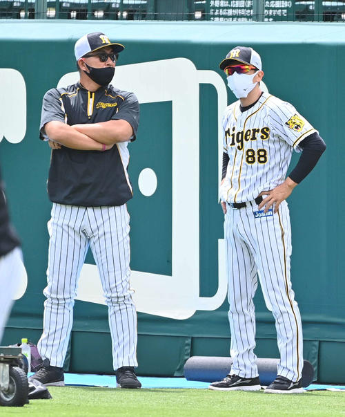 阪神対ソフトバンク　井上ヘッドコーチ（左）と話す矢野監督（撮影・上田博志）