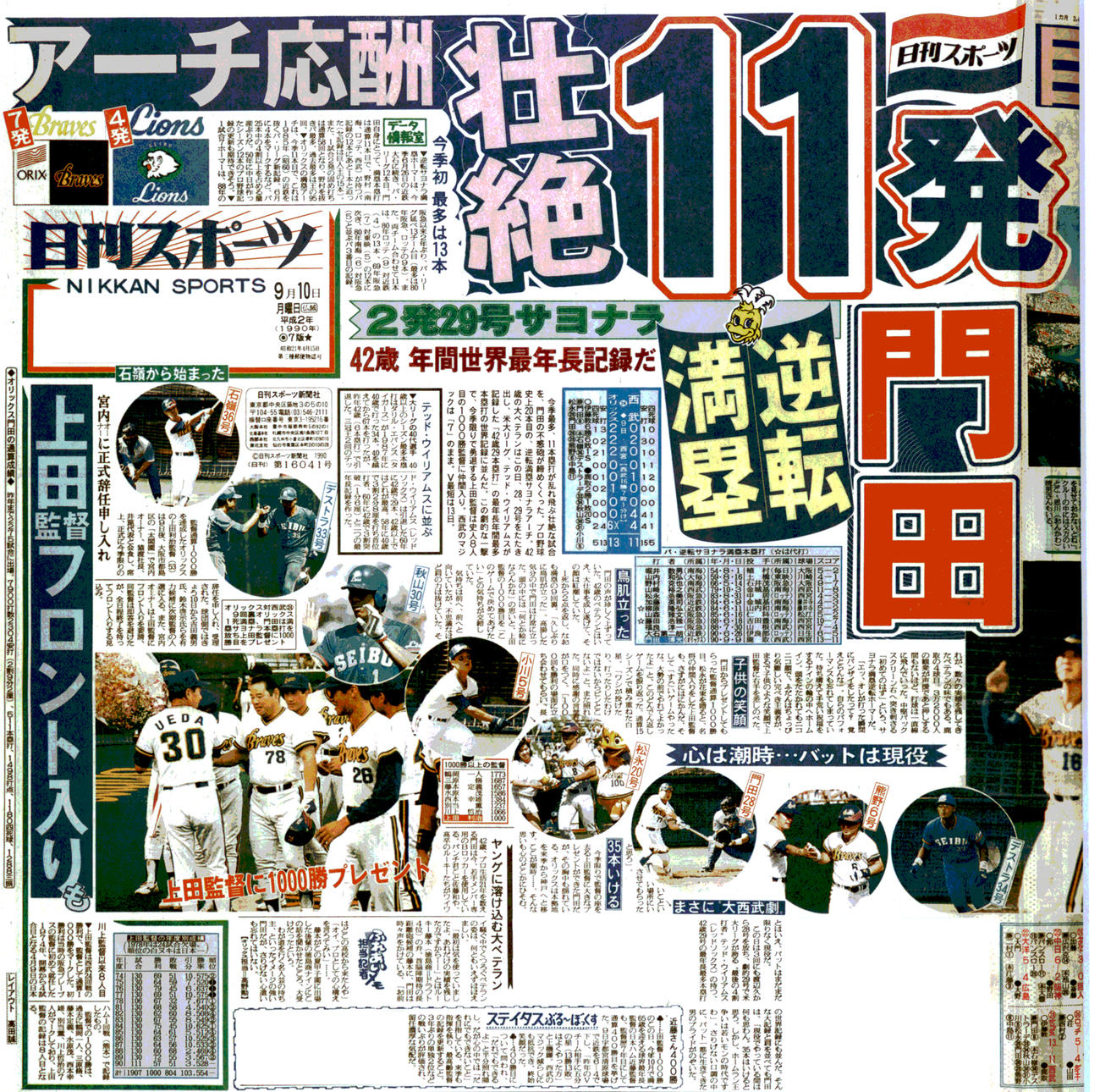 オリックス門田のサヨナラ本塁打を報じる90年9月10日の日刊スポーツ1面