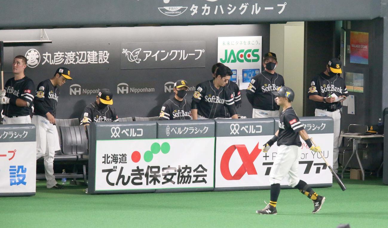 日本ハム対ソフトバンク　連敗しベンチで渋い表情のソフトバンクナイン（撮影・黒川智章）