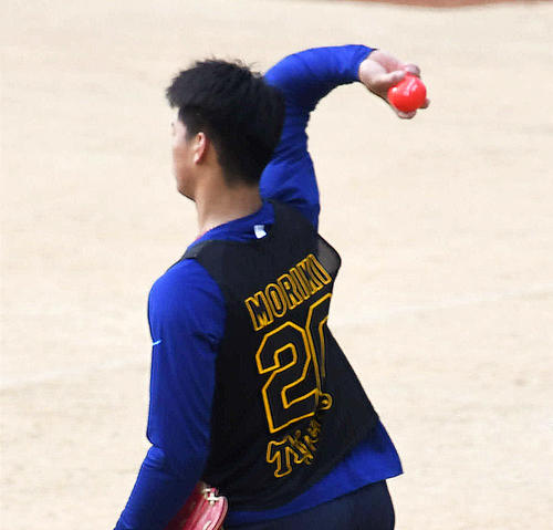 プライオボールでキャッチボールを行う阪神森木大智（2022年1月17日撮影）