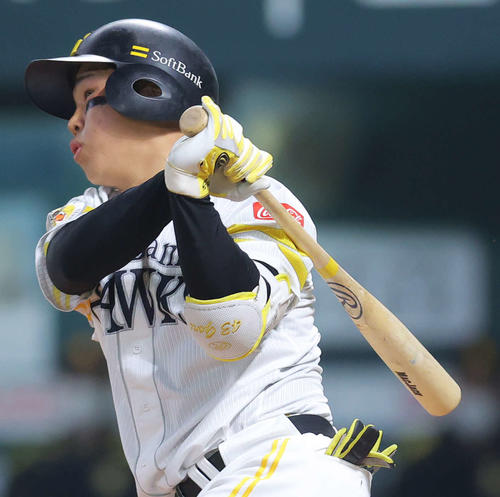 4回裏ソフトバンク無死、左前打を放つ井上(撮影・河田真司)