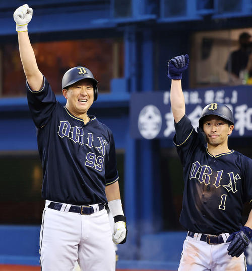 6月1日のDeNA戦、2点本塁打を放ち昇天ポーズを決めるオリックス杉本裕太郎（左）と福田周平