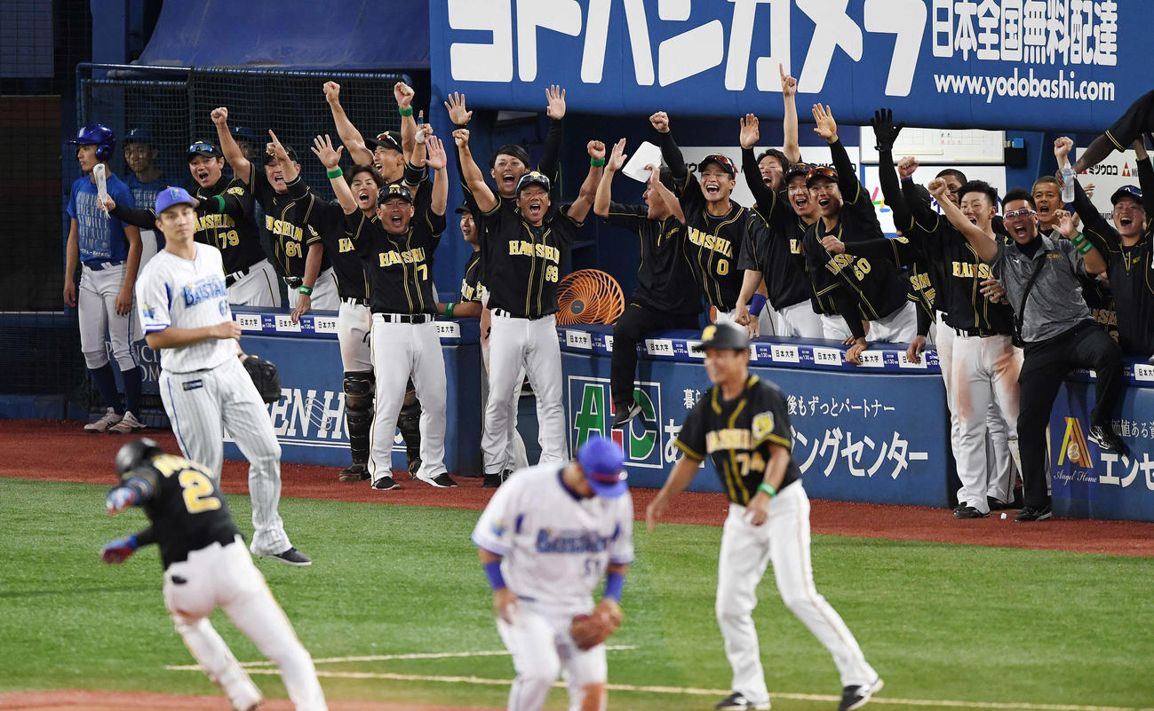 19年CS1stステージ第1戦、北條の2点適時三塁打に喜びを爆発させる阪神ベンチ
