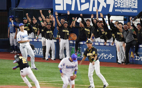 19年CS1stステージ第1戦、北條の2点適時三塁打に喜びを爆発させる阪神ベンチ