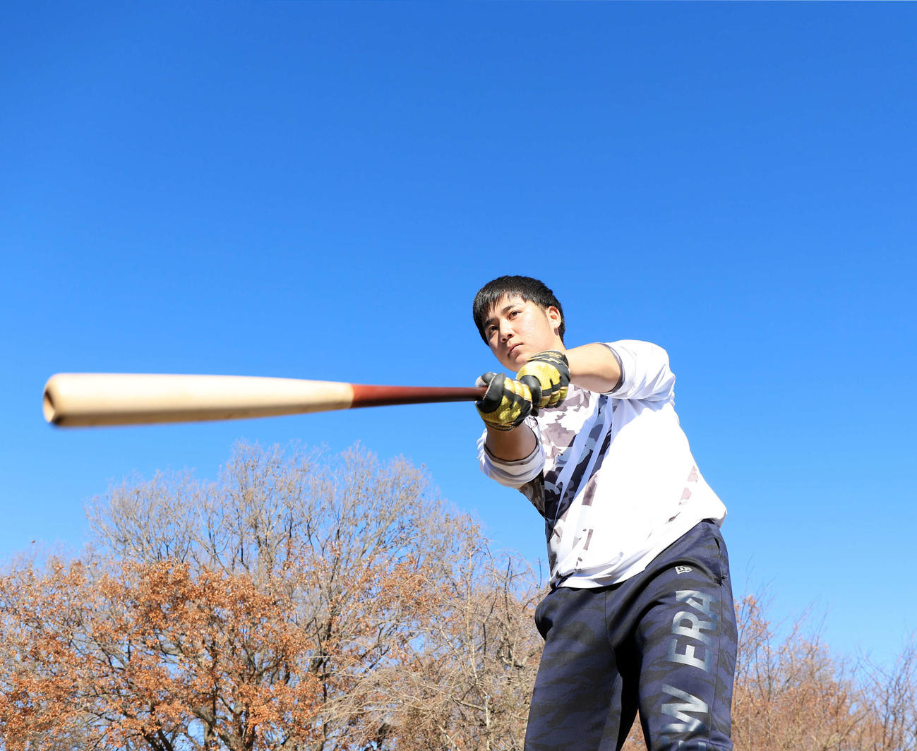 新人自主トレを公開した阪神井坪は青空を背に力強いスイング（2022年12月27日撮影）