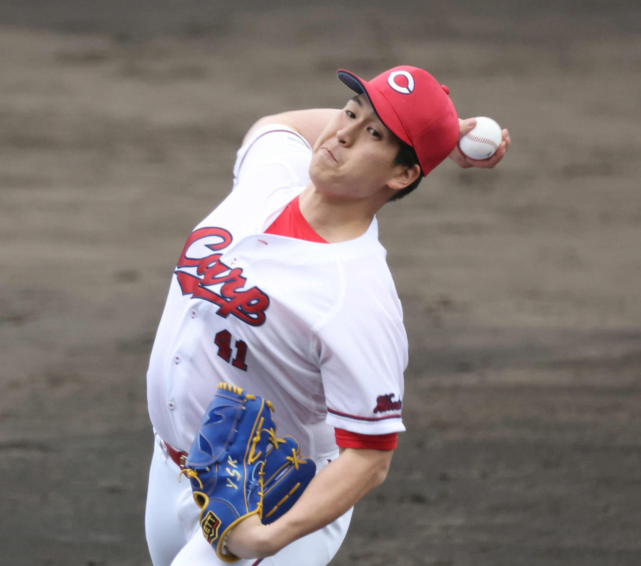ロッテとの練習試合で登板する矢崎拓也（2023年2月21日撮影）