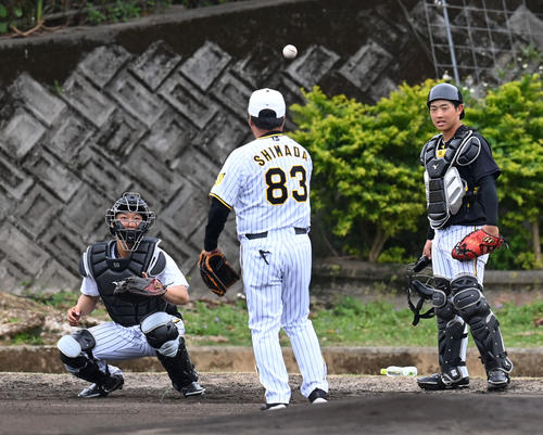 嶋田コーチ（中央）の指導で守備練習を行う藤田（左）と中川（2023年2月20日撮影）