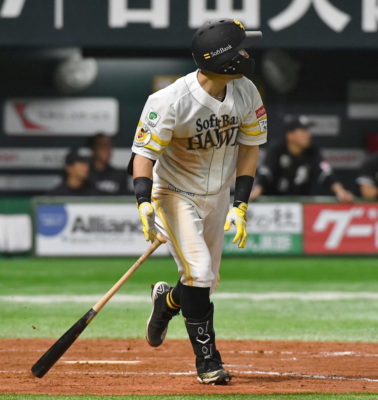 ソフトバンク対ロッテ　5回裏ソフトバンク無死満塁、中村晃は左犠飛を放つ（撮影・岩下翔太）