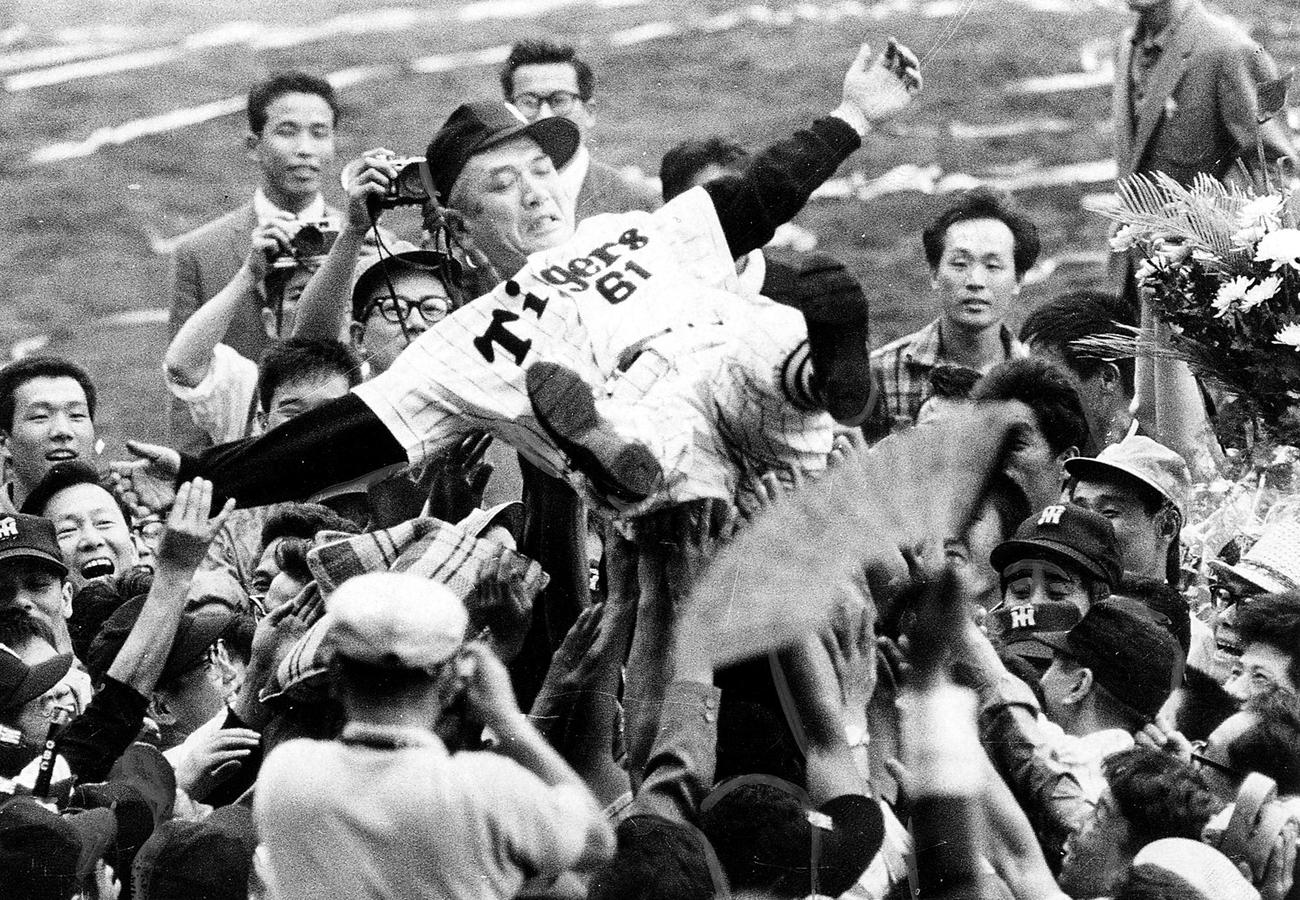 リーグ優勝を飾り、胴上げされる阪神の藤本定義監督＝1962年（昭和37年）