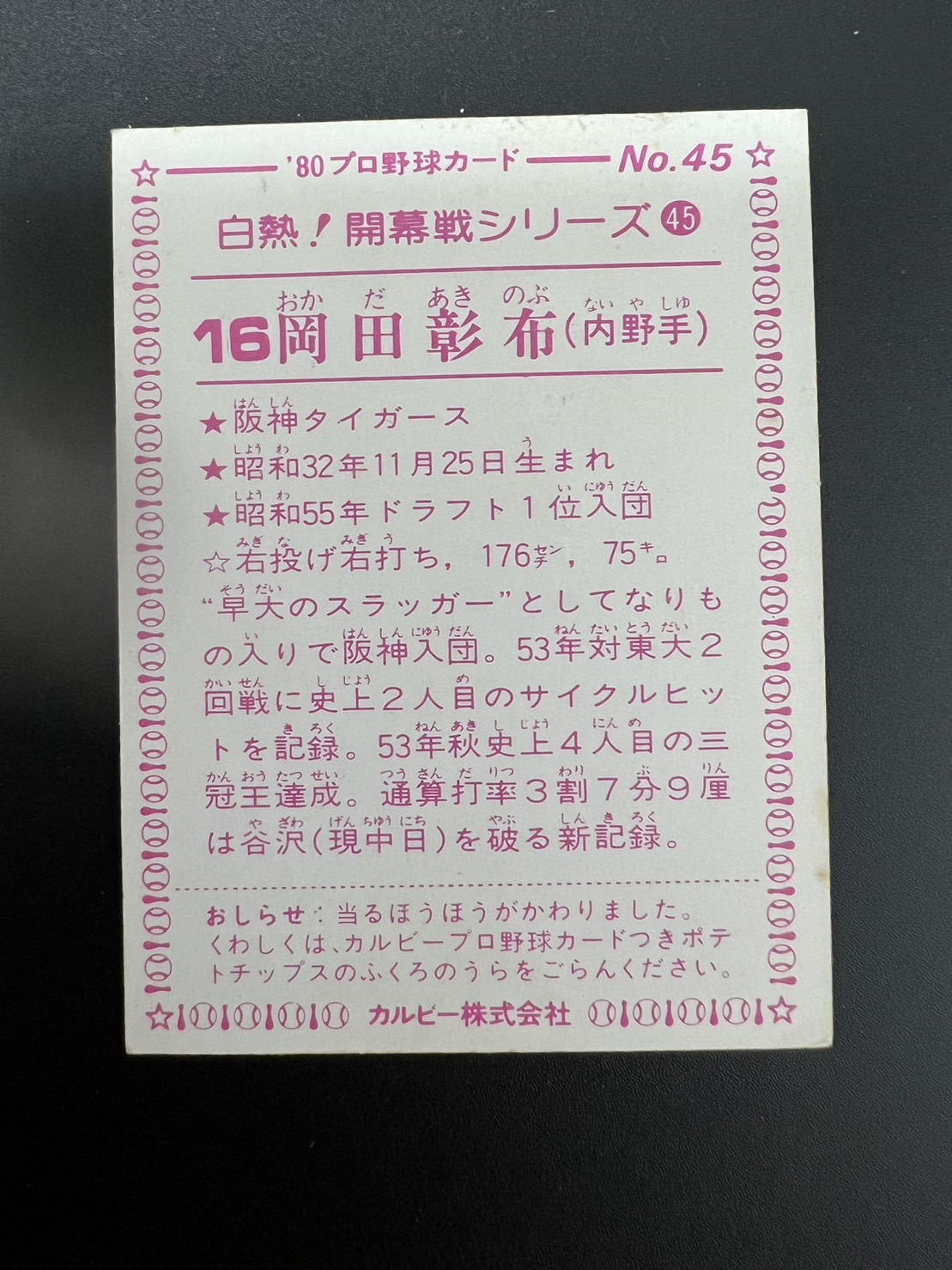 1980年に発行されたカルビーの阪神岡田彰布選手のルーキーカードの裏面