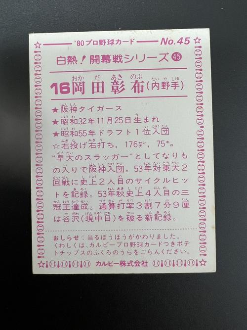 1980年に発行されたカルビーの阪神岡田彰布選手のルーキーカードの裏面