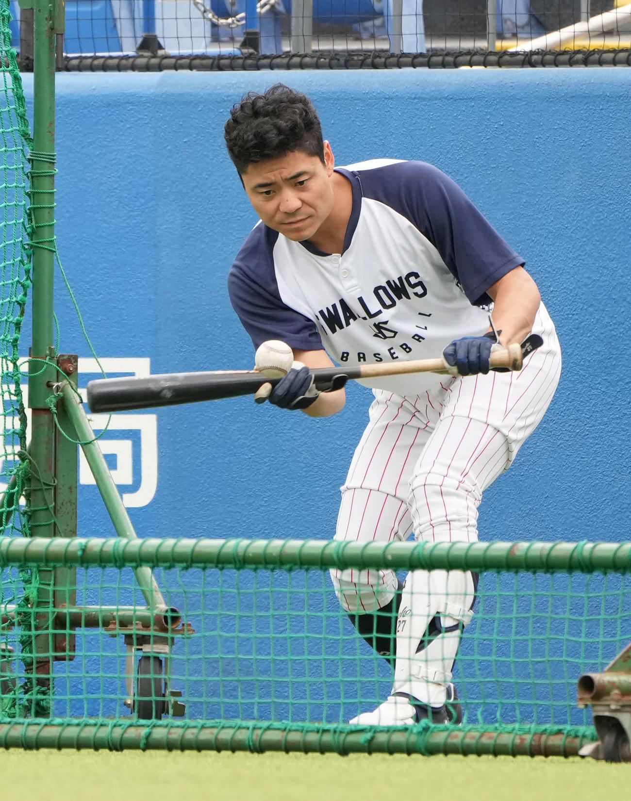 2023年6月、試合前の練習でバント練習するヤクルト中村