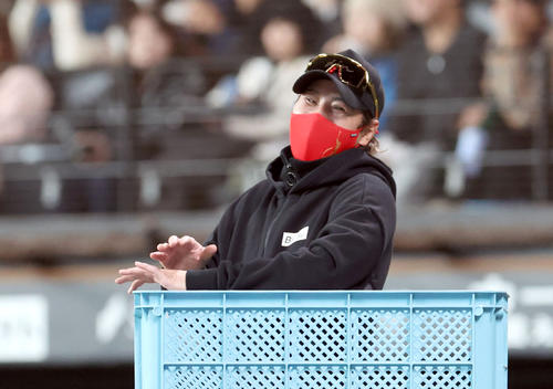 アメリカンノックを見ながら爆笑する日本ハム新庄監督（撮影・佐藤翔太）