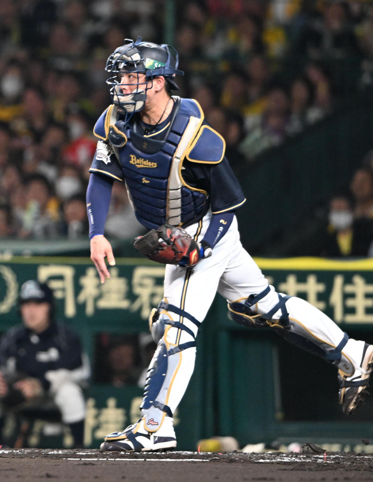 日本シリーズ第5戦　阪神対オリックス　1回裏阪神1死一、三塁、森下の盗塁を刺す若月（2023年11月2日撮影）