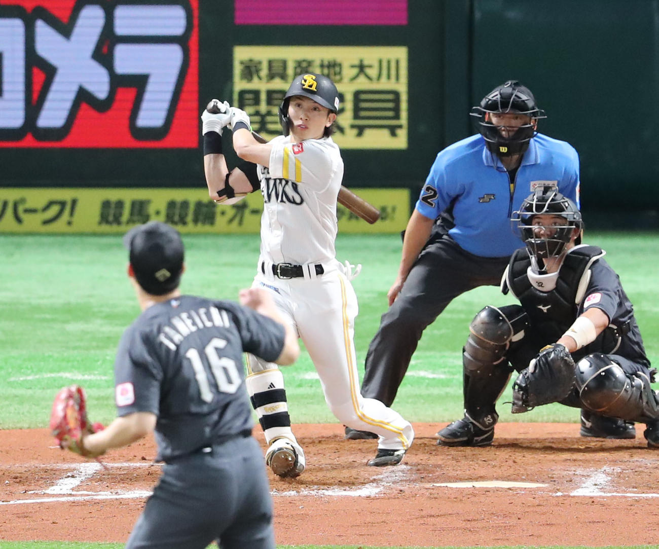 ソフトバンク対ロッテ　8回裏ソフトバンク2死、周東は右中間に勝ち越し本塁打を放つ（撮影・梅根麻紀）