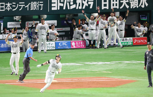 ソフトバンク対ロッテ　8回裏ソフトバンク2死、周東の勝ち越し本塁打で一気に盛り上がるベンチのナイン（撮影・梅根麻紀）