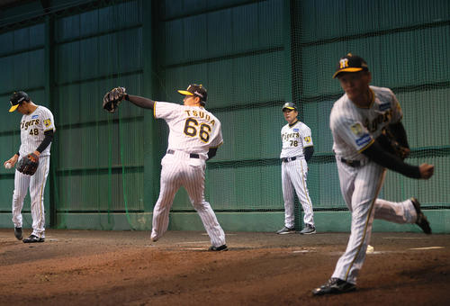 28日、宮崎アイビースタジアムのブルペンを確認する阪神平田2軍監督